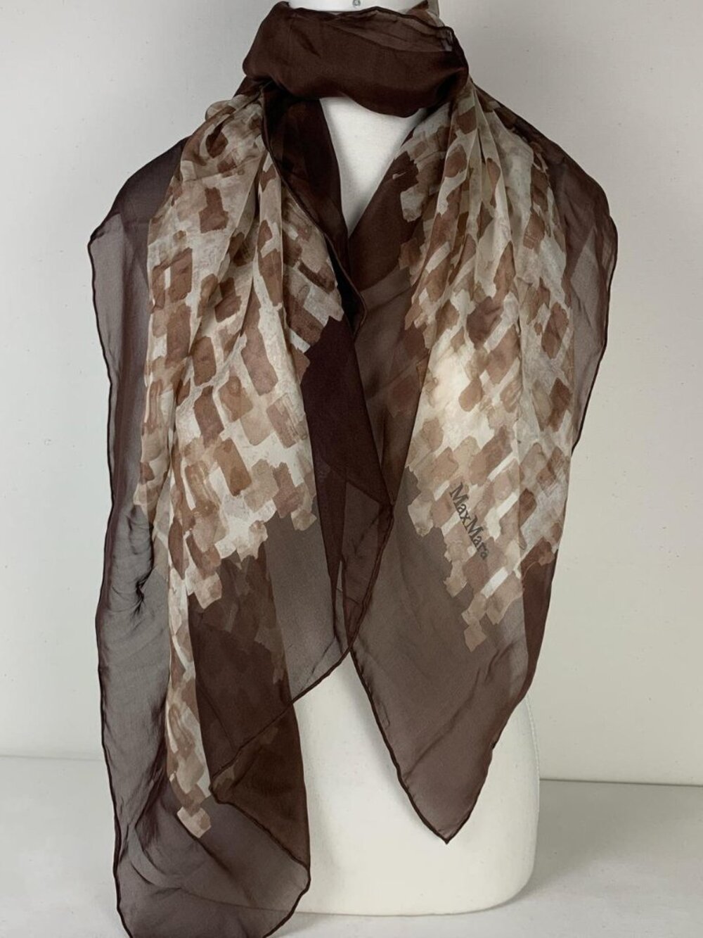 MaxMara Oversized Silk Scarf - Brown & White Pattern, Luxury Sheer Elegance 45x4